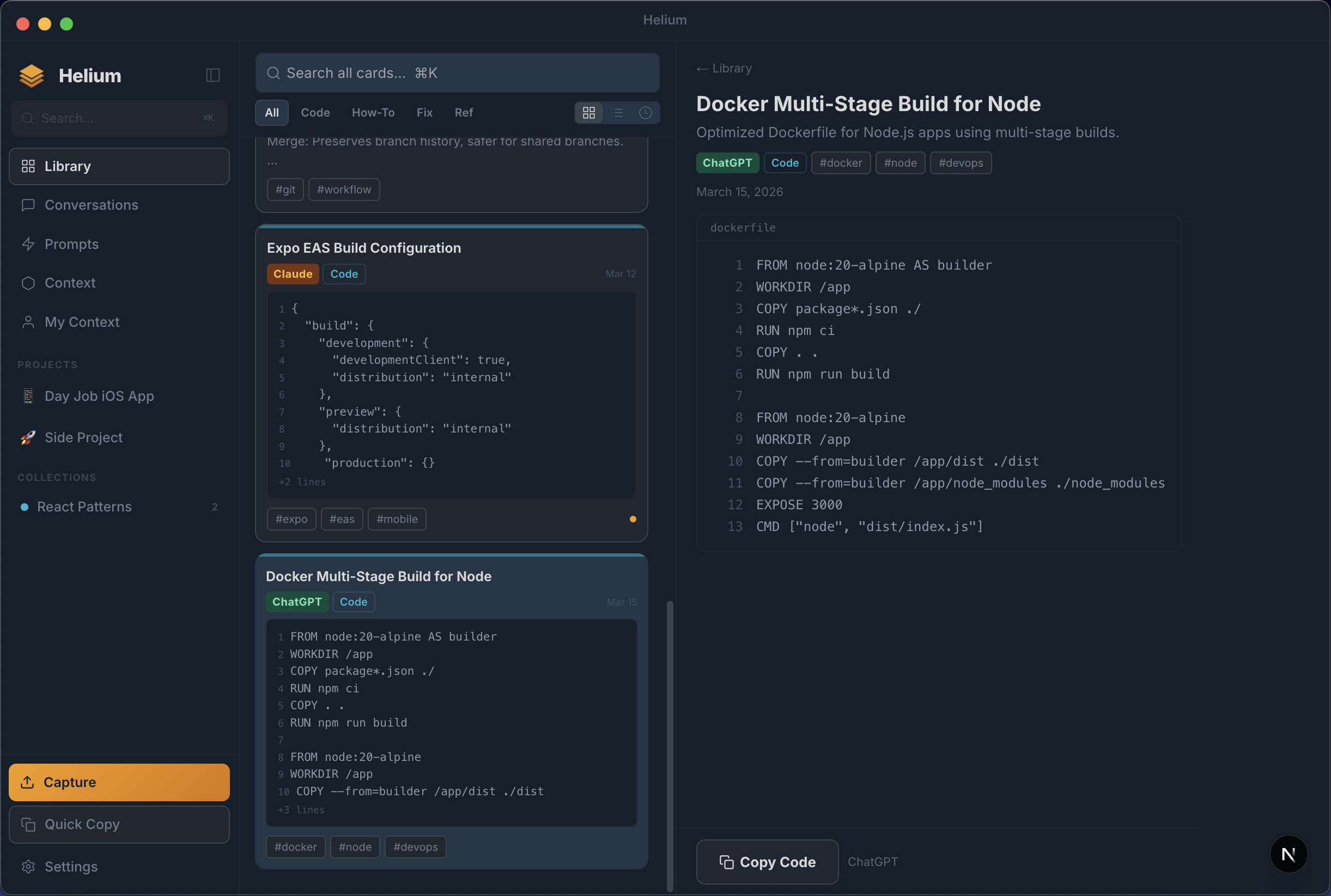 Helium library grid with card detail panel showing a Docker multi-stage build guide