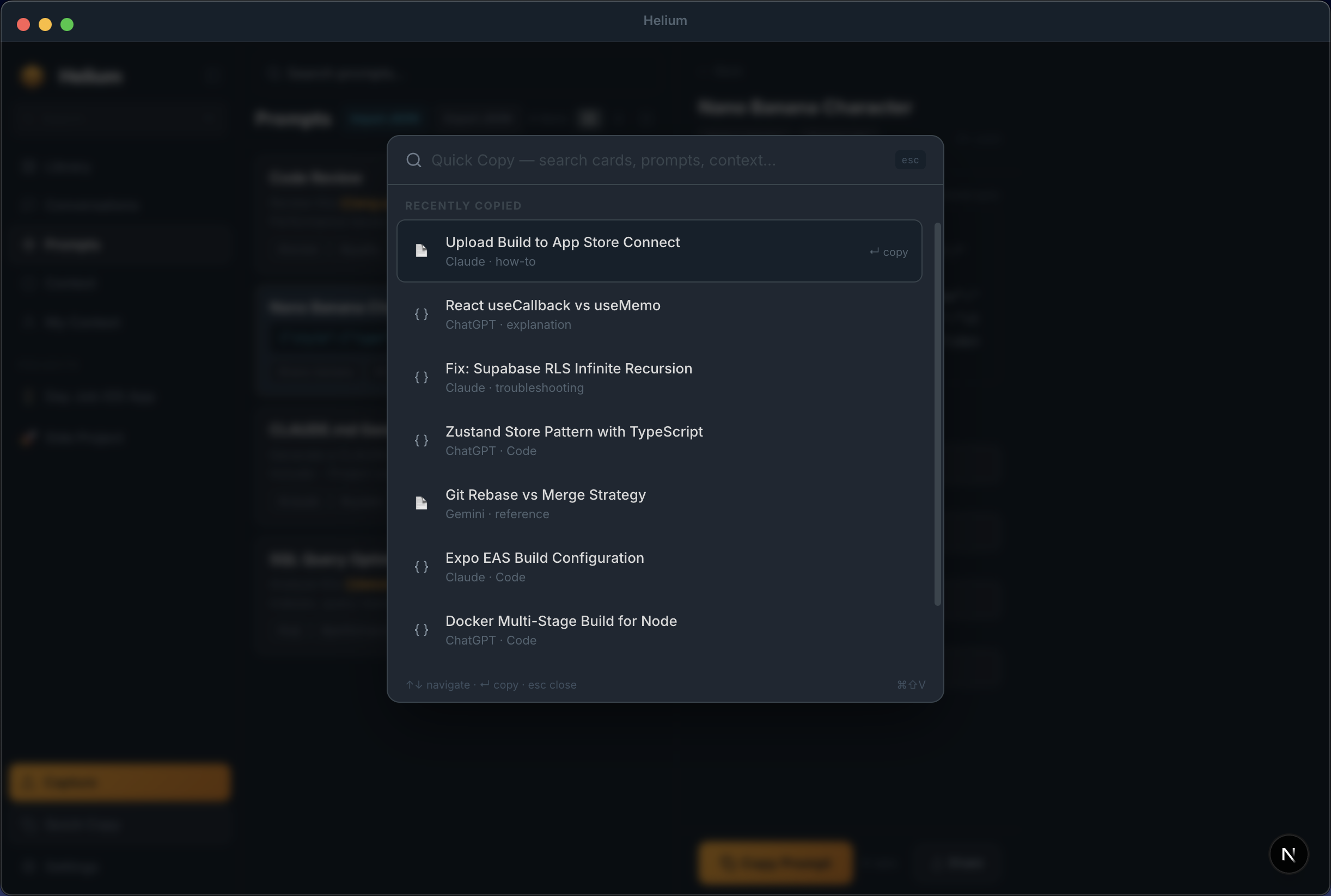 Quick Copy spotlight overlay searching the library